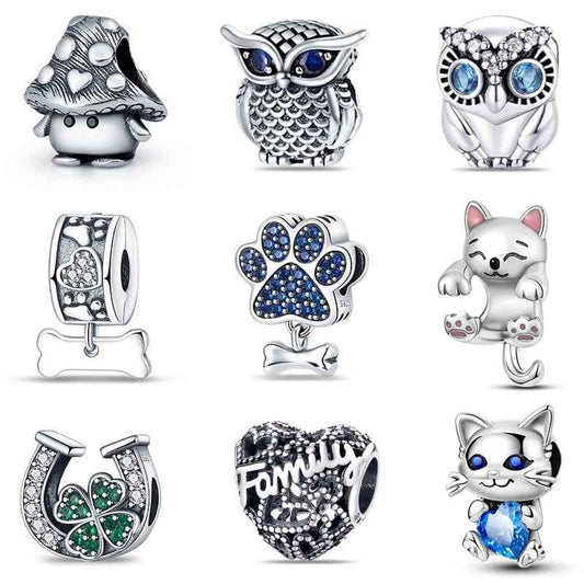 925 Silver Color Mushroom Owl Cat Bone Animal Charms Beads Fit Pandora 925 Original Bracelets Fine DIY Birthday Jewelry Gifts - HOMEBODY HOME GOODS & HARDWARE